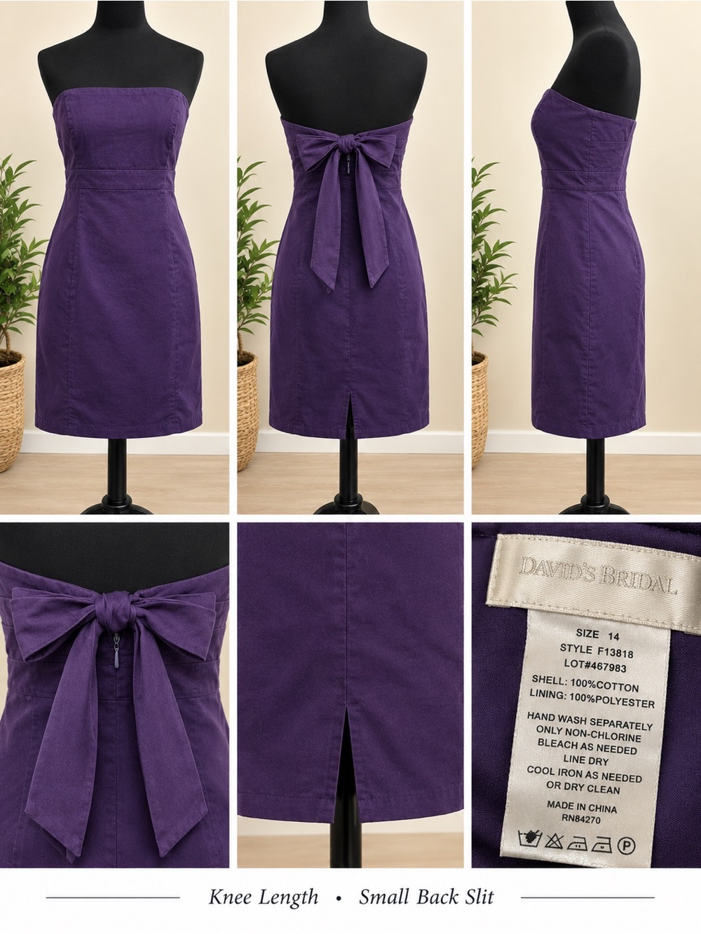 David's Bridal Strapless Purple Sheath Dress